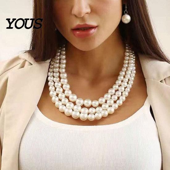 Comfortable Wear Earrings 2Pcs/Set Women Jewelry Gift, Three-Layer Imitation Pearl Choker Necklace Retro Style Set And Hook Earrings, Adjustable Chain