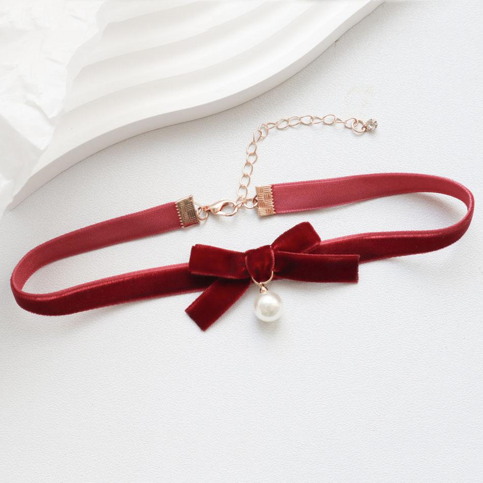 Sexy Velvet Pearl Pendant Choker for Women Bow Neck Clavicle Necklace Lady Jewelry Accessories Girl Gift Lace Gothic Daily Party