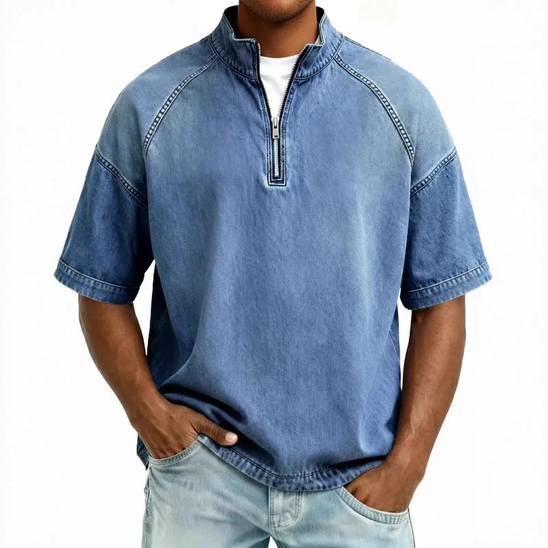 Mens Casual Washed Denim Half Zip Stand Collar Short Sleeve Shirt S
