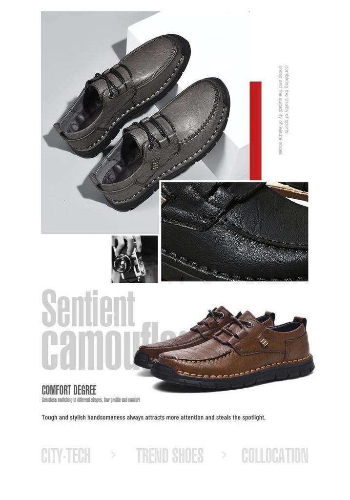 Men's Large Casual Leather Shoes - Soft Sole, Hand-Stitched, Lace-Up for Middle-Aged & Elderly.