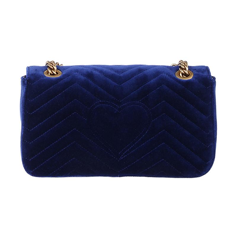 Gucci GG Marmont Marmont Gold Label Logo Quilted Velvet Chain Shoulder Crossbody Bag Small Women's Dark Blue Classic Recommendation
