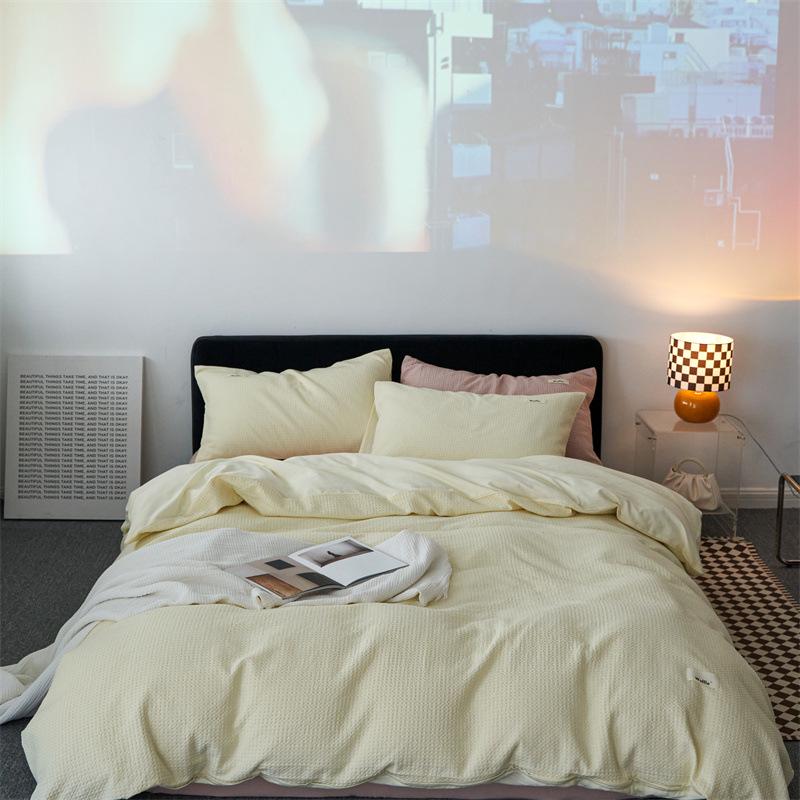 Waffle Weave 4-Piece Set: Modern Style, 60s Pure Cotton, Solid Color Bed Sheets, Pure Cotton Duvet Cover, Light Luxury Bedding