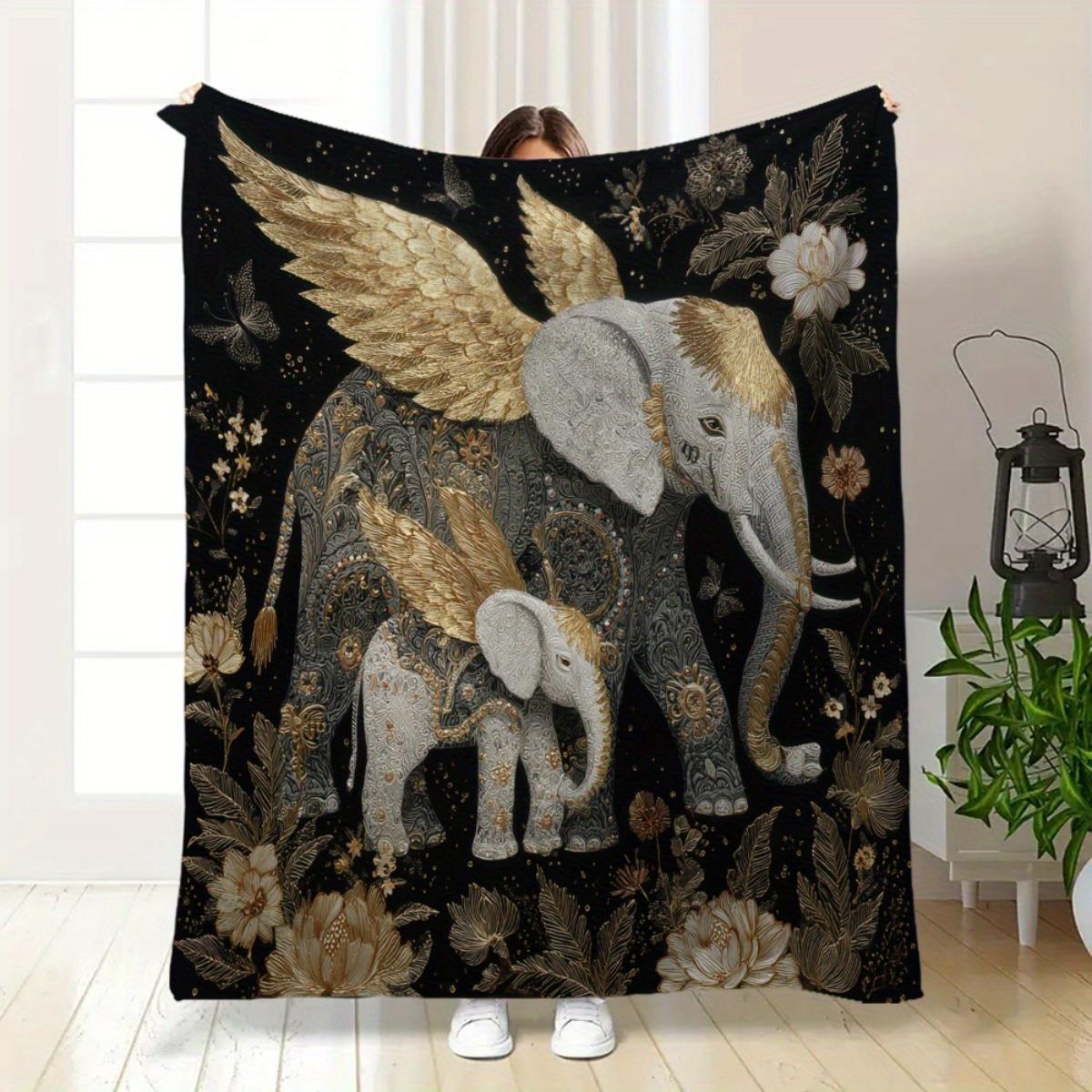 1pc Luxury Elephant Family Flannel Blanket Soft Black & Golden Elephant Herd with Elephant & Golden Wings Design, All-S 130x150cm51x59in