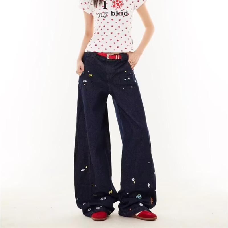 College style American retro cartoon jeans men and women loose couple straight washed wide-leg casual pants men