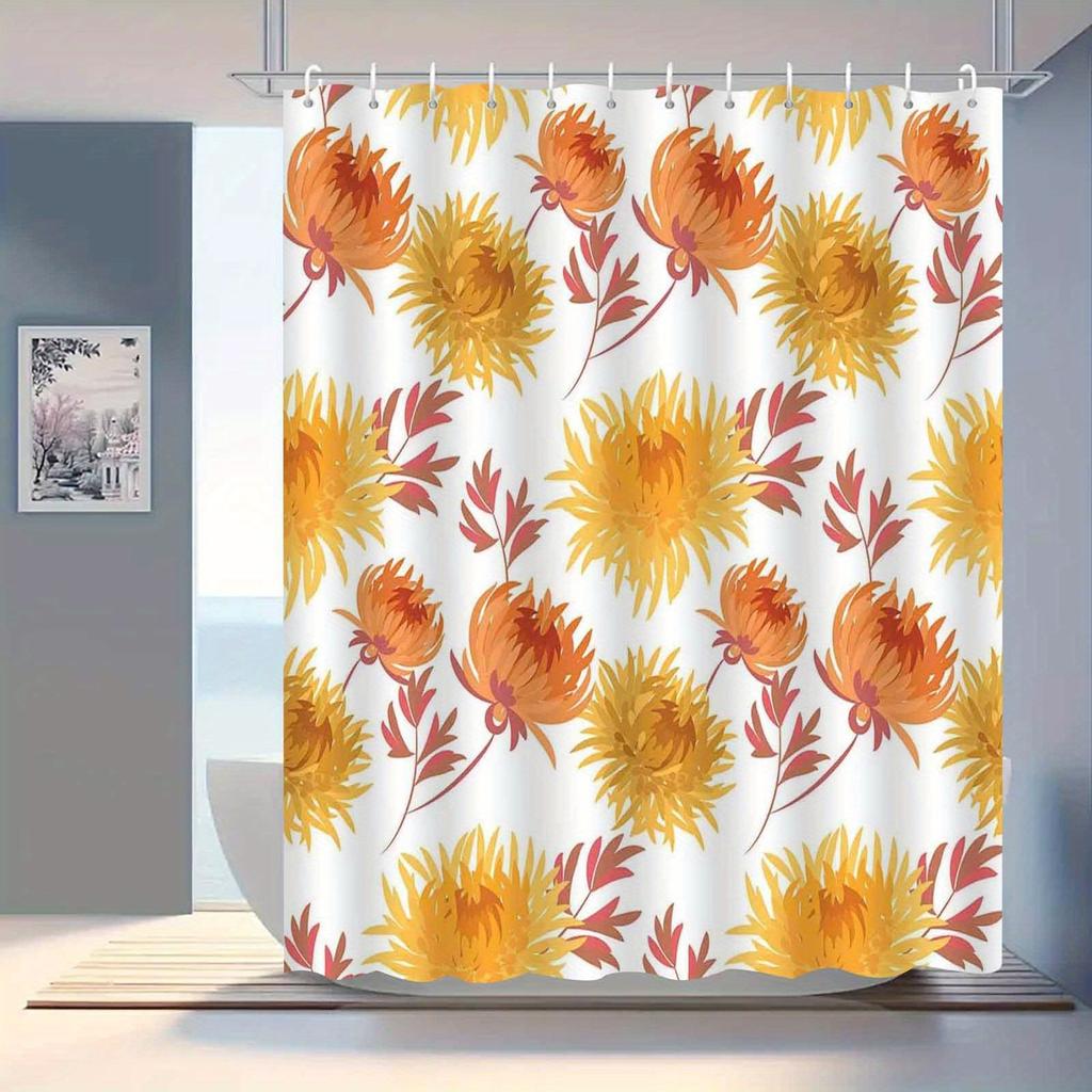 1pc Shower Curtain with Vibrant Chrysanthemum Pattern, Machine Washable, Polyester Fabric, Suitable for Bathroom Decoration