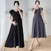Maternity Collar Short-sleeved Dress Women's Summer New Temperament Loose Belly and Thin Medium and Long Maternity Dress