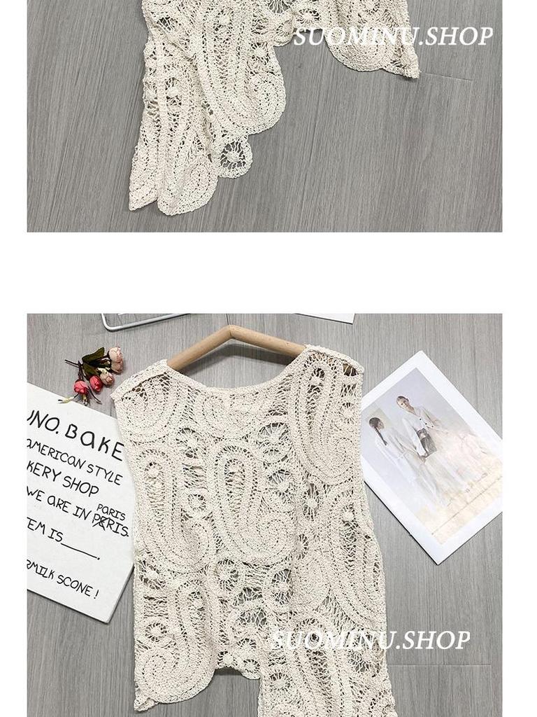 Retro Chic Crochet Crop Top: Sleeveless, Hollow Design 404