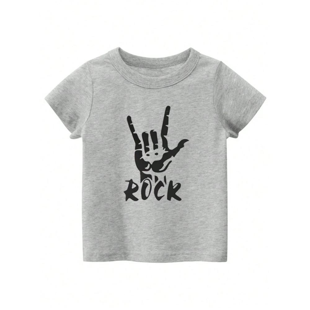 "ROCK" Letter Print Pattern Round Neck Short-sleeved T-shirt Boys Hip-hop Versatile Style Suitable for Daily Wear in Summer