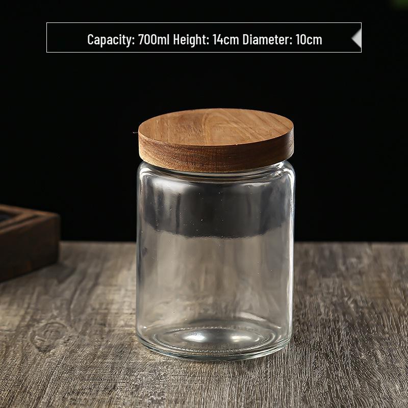 Large Glass Storage Jar with Striped Wooden Lid, Airtight & Food-Grade, Round Transparent Chinese Kitchen Collectible