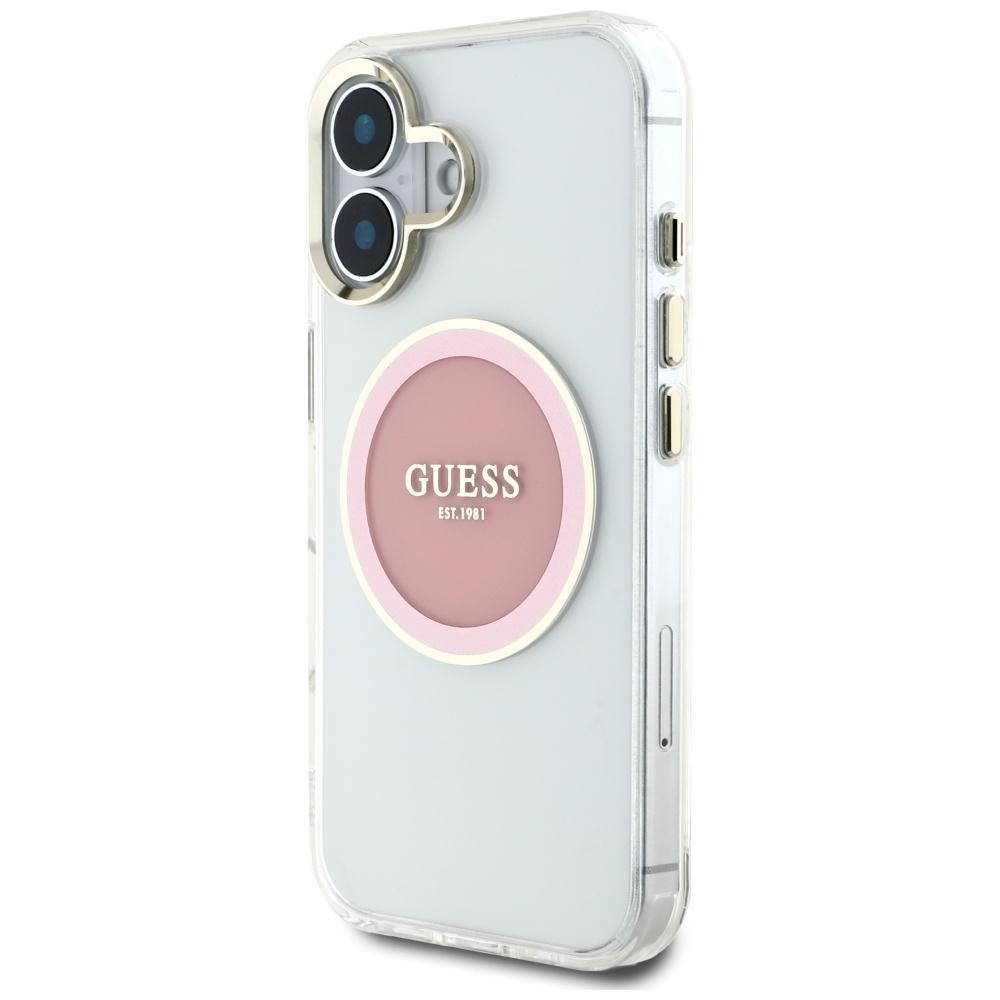Guess IML Metal Colored Circle Classic Logo MagSafe case for iPhone 16 pink