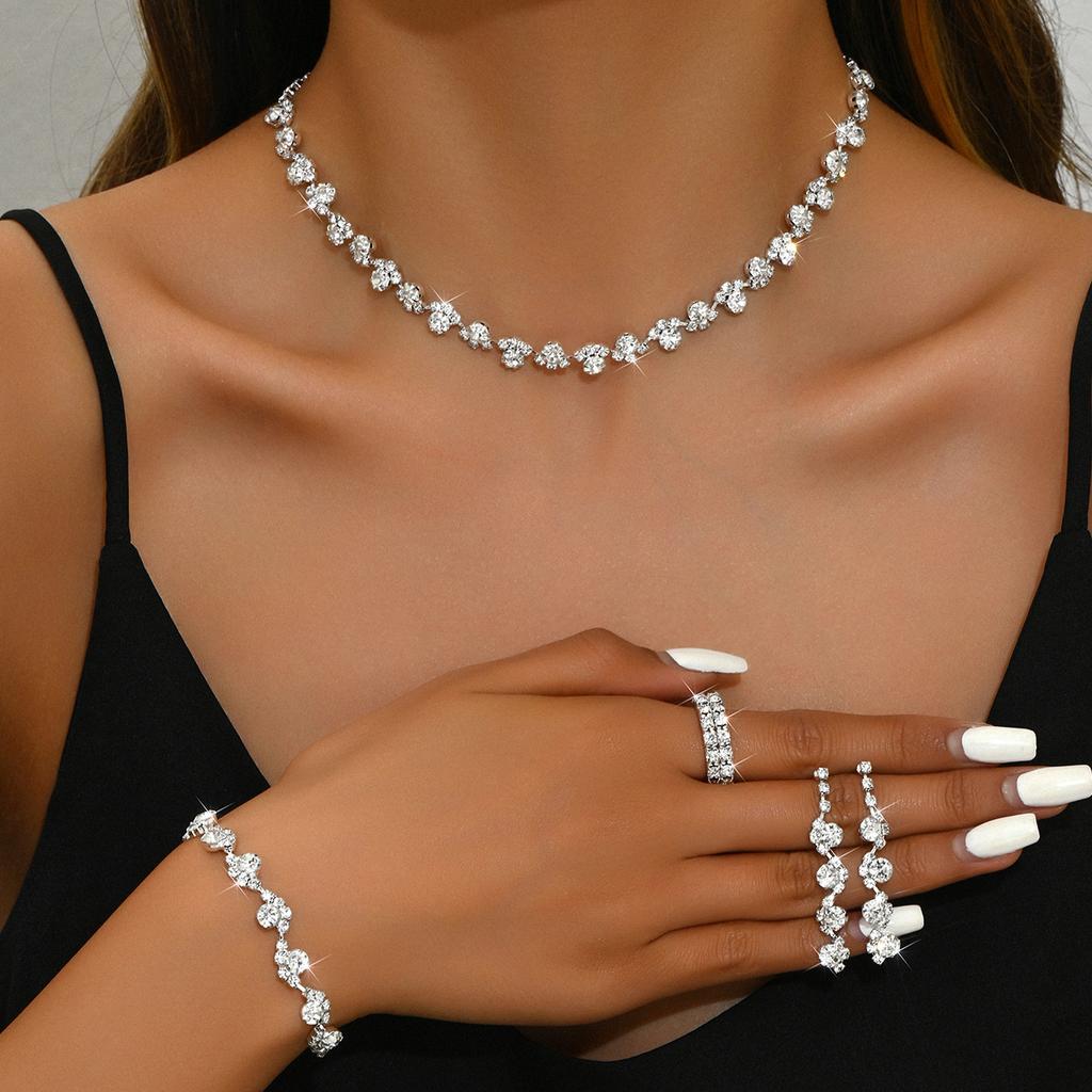 Silver Diamond Necklace Earrings Bracelet Three-piece Set