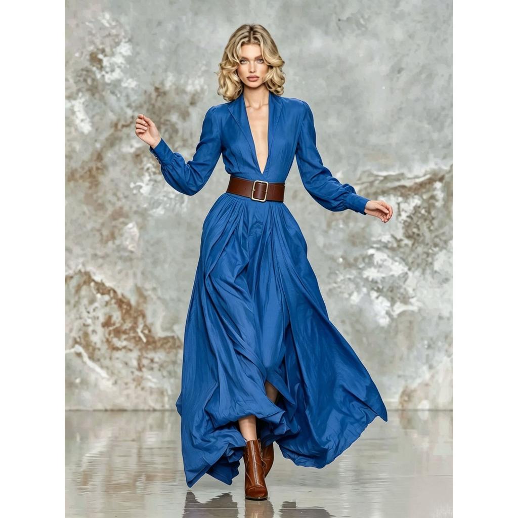 Abito Lungo Estivo Elegante Bohemien da Donna con Scollo a Revers, Maniche Lunghe, Vita Media, Monocolore, Linea ad A