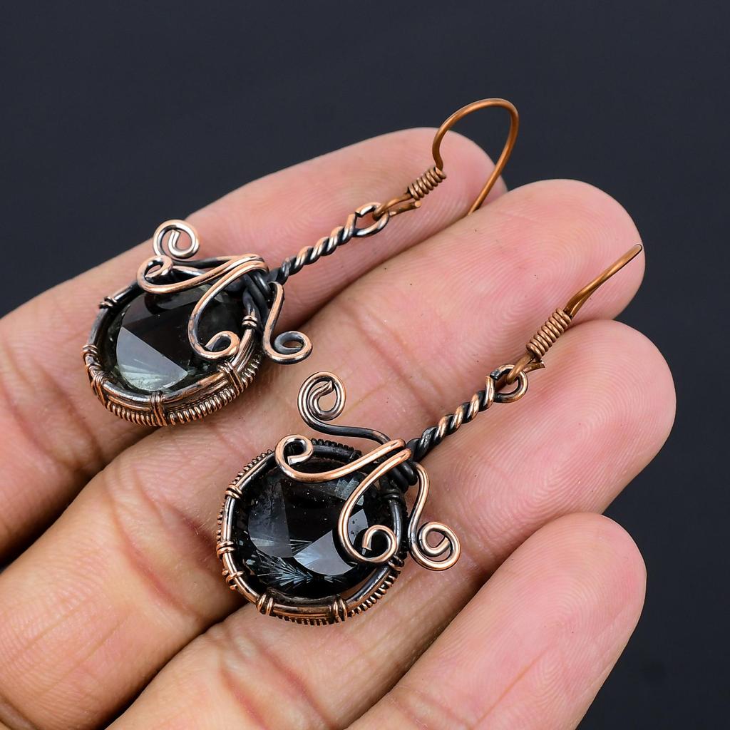 Smoky Topaz Gemstone Earrings, 999 Copper Wire Wrapped Earrings, Handmade Antique Jewelry, Gift For Mother Day