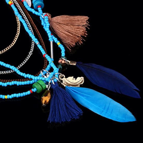Women's Boho Ethnic Style Feathers Tassels Beads Multi-layer Chain Necklace