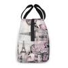 Eiffel Tower Couple Pink Floral Lunch Bag Adult Tote Bag Reusable Lunch Box Container For Women Men School Office Work