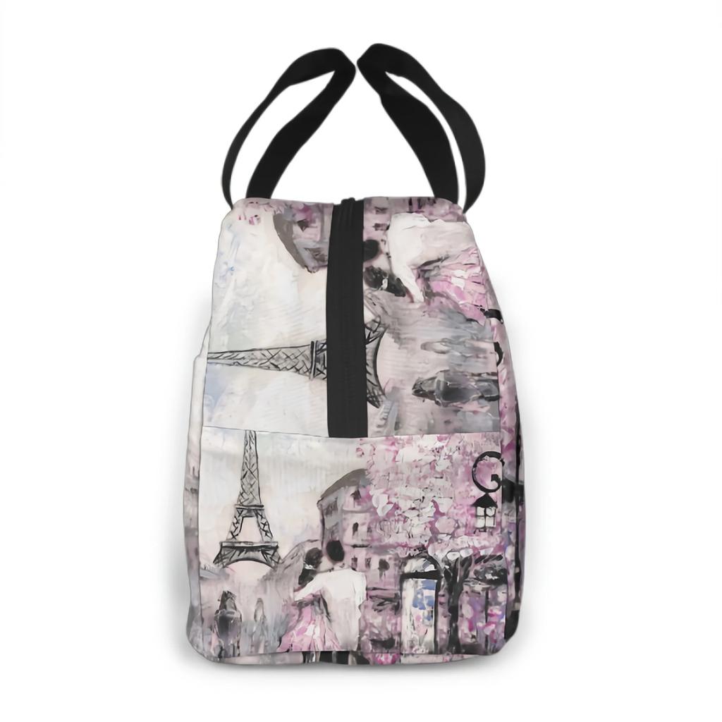 Eiffel Tower Couple Pink Floral Lunch Bag Adult Tote Bag Reusable Lunch Box Container For Women Men School Office Work
