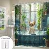 1Pc Chihuahua Bathtub Shower Curtain - Cute Chihuahua In Turquoise Bathtub With Bubbles & Lush Greenery