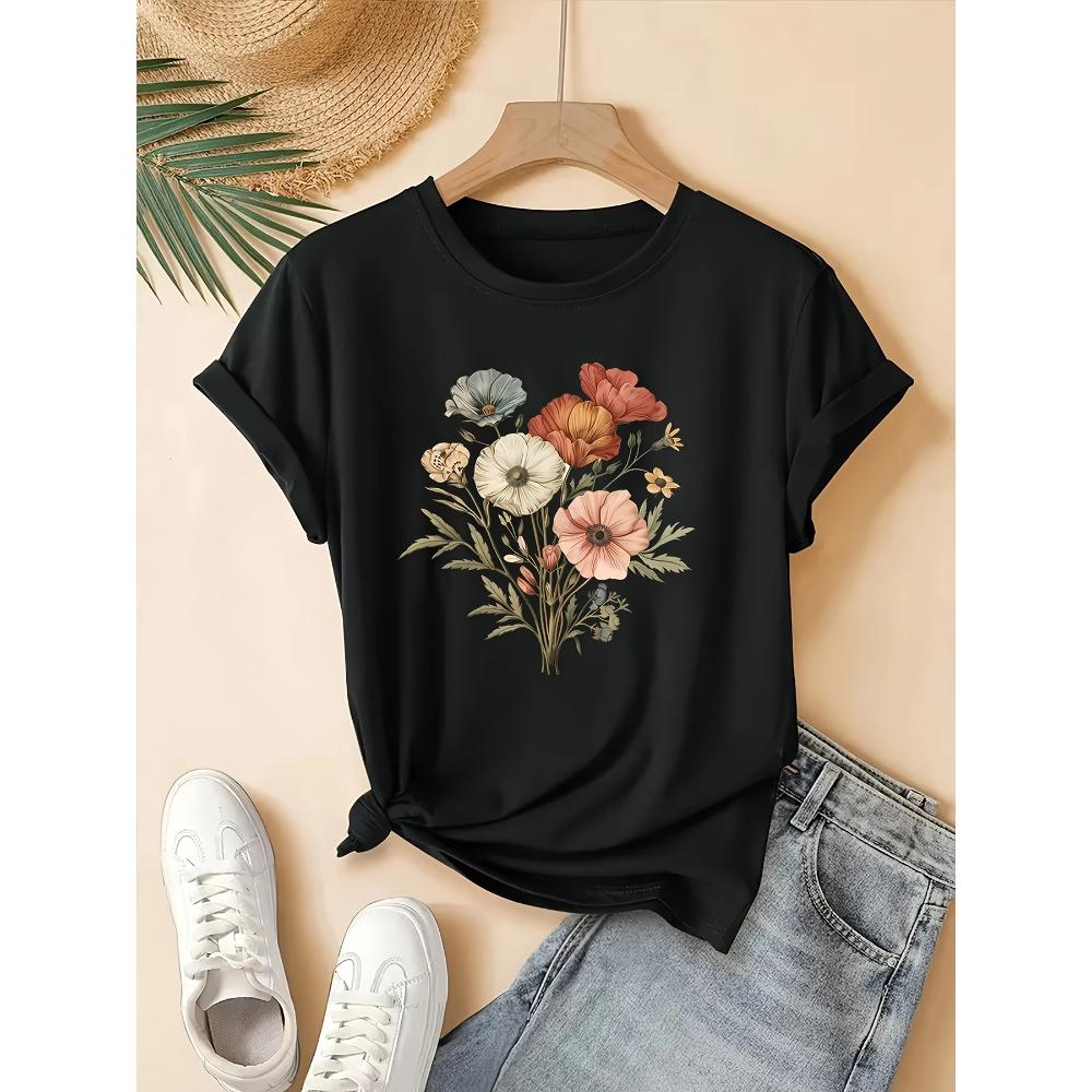 Fashion Flower Print Women's Short Sleeve Daily Cotton Comfort T-Shirts Women’s