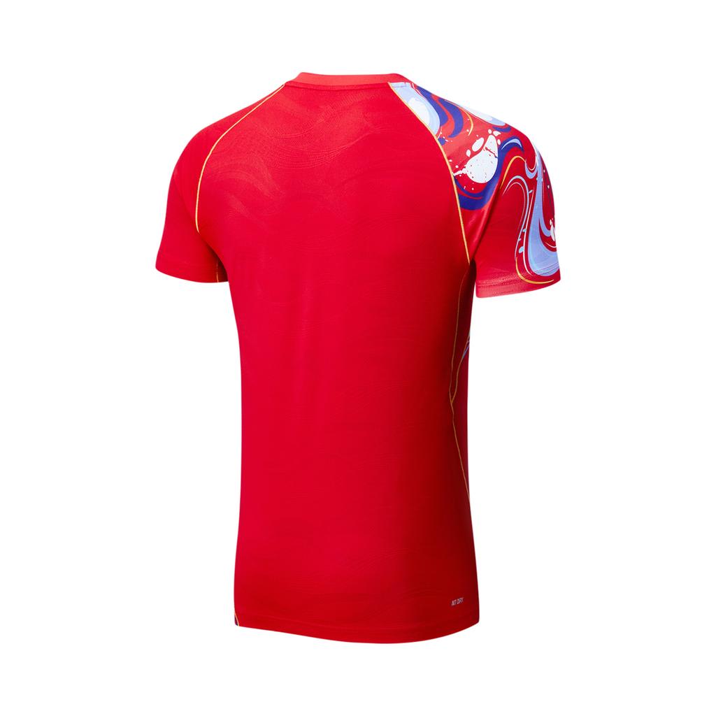 Li-Ning Badminton Series Color Block Printed V-Neck Pullover Short Sleeve Badminton Shirt Unisex tops Crimson-Red AAYU229-3