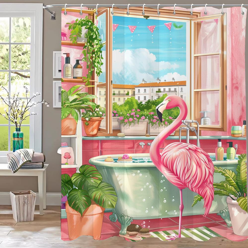 Flamingo Bathing In Pink Bathtub Shower Curtain, Floral Art Bathroom Decorative Curtain, Printed Polyester Curtain With Hooks