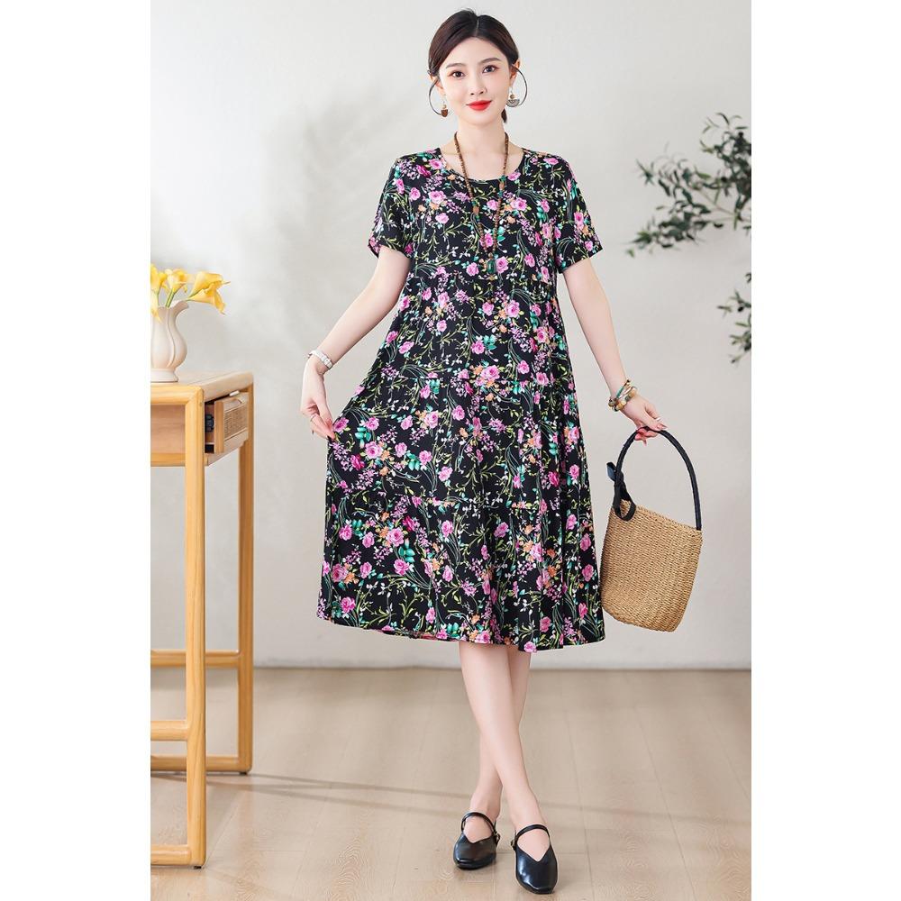 Summer Short-sleeved, Loose and Long Artificial Cotton Dress for Middle-aged and Elderly Women