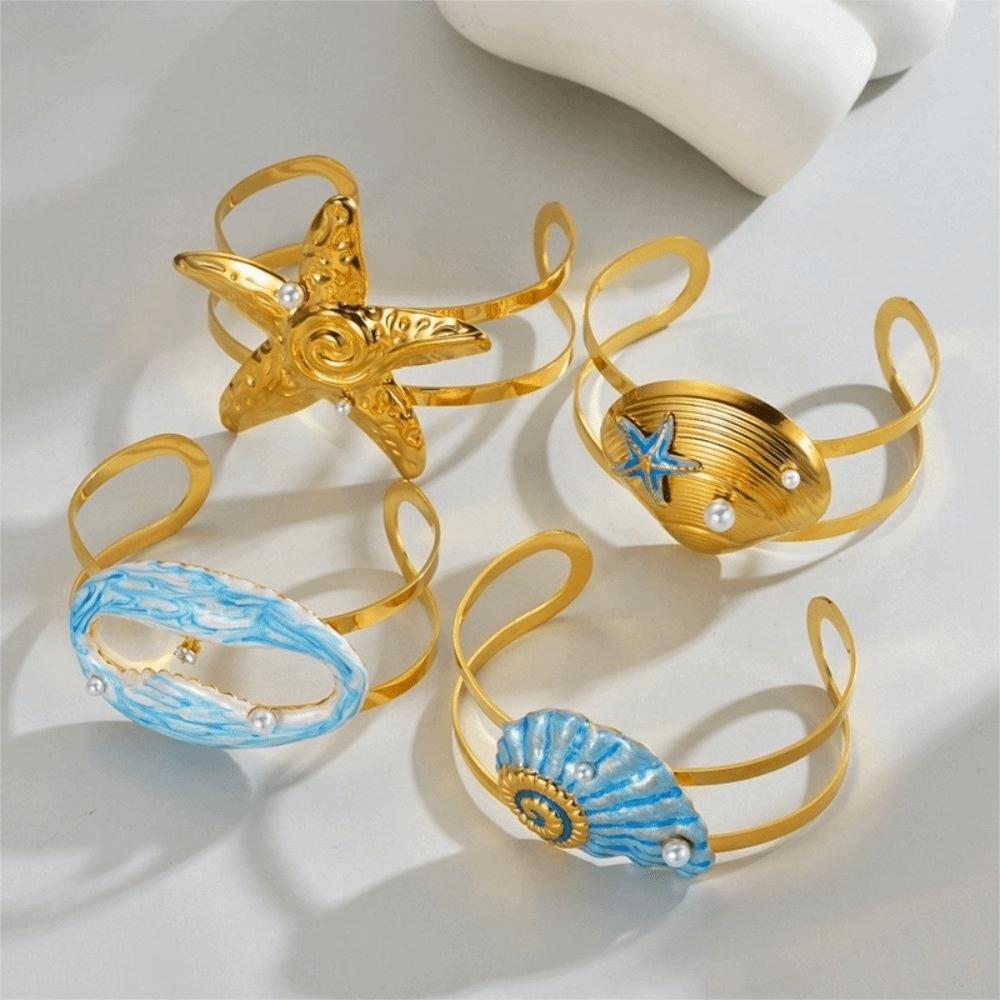 Golden Ocean Style Bracelet Waterproof Starfish Shell Enamel Conch Bracelet Exaggerated Various Wide Cuff Bracelet Party Jewelry