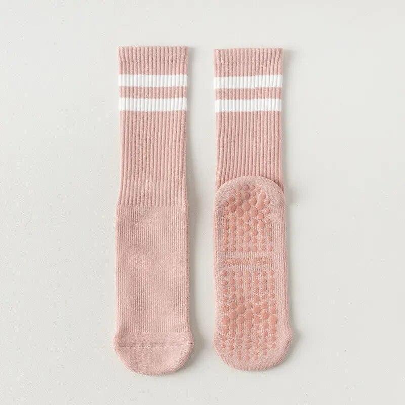 Macaron Striped Simple Cotton Mid-calf Women Yoga Socks Bottom Silicone Non-slip Sports Socks Indoor Dance Fitness Pilates Socks