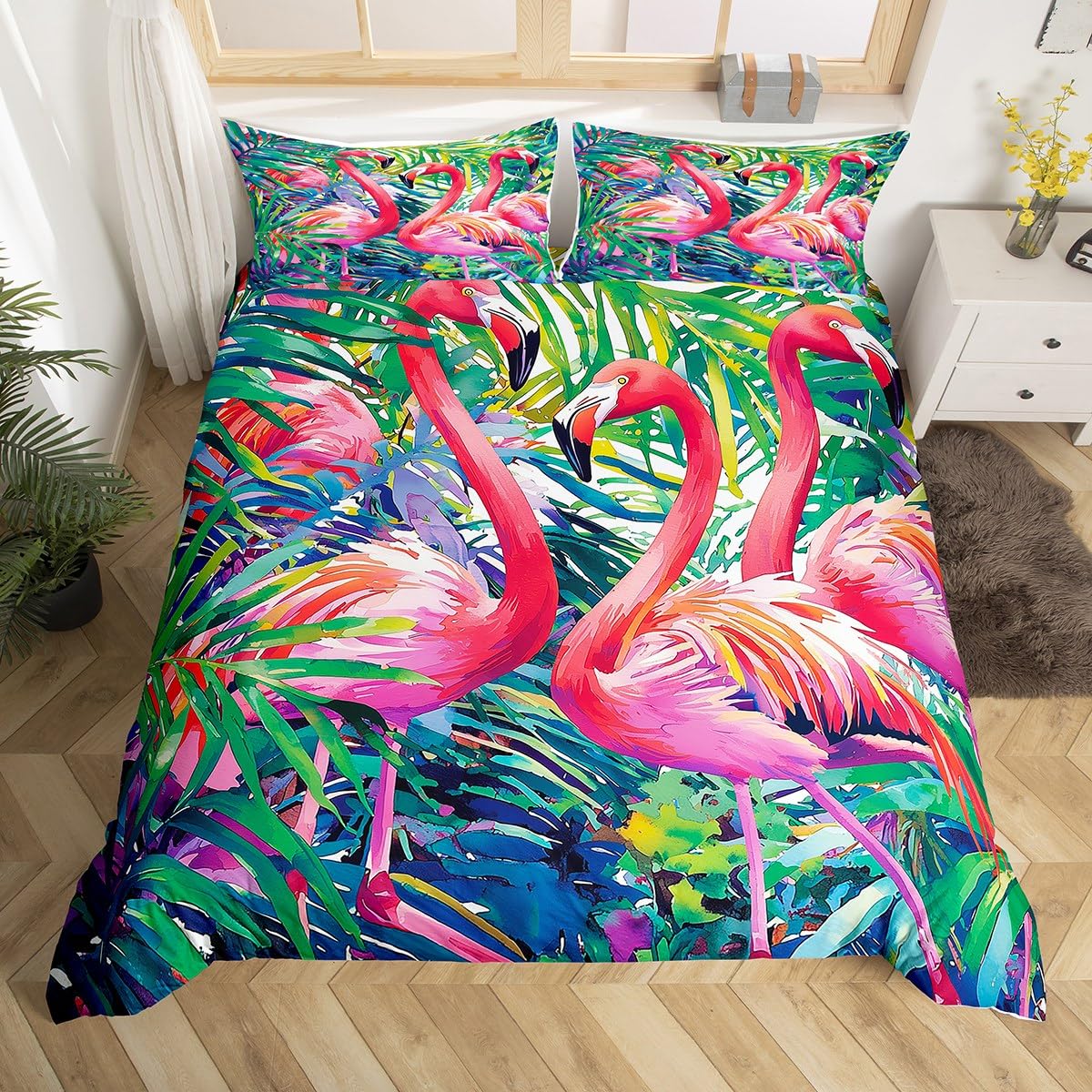 

Comforter Chic Flamingo Queen Beach Theme Tropical Animal Bedding Set Coastal Sunset Comforter Cute Wildlife Bed Set Comforter (quilt)-EU Single(135*200cm)3pcs