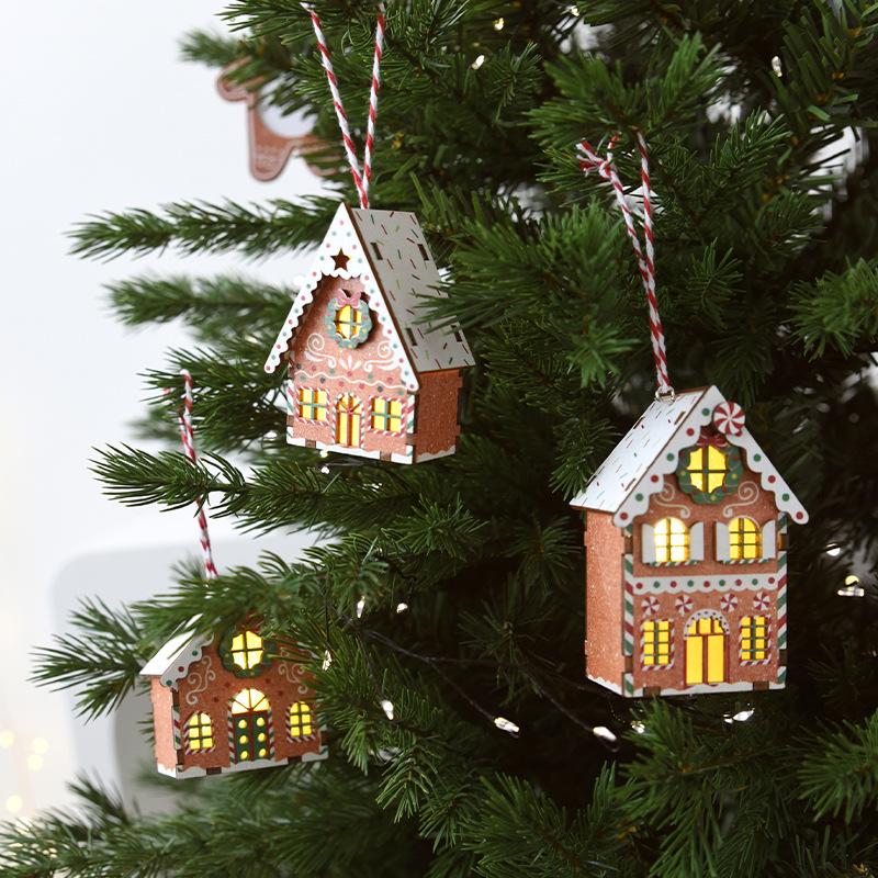 NUCHI Luminous Wooden Christmas Tree Ornaments - Small House Pendant Decorations