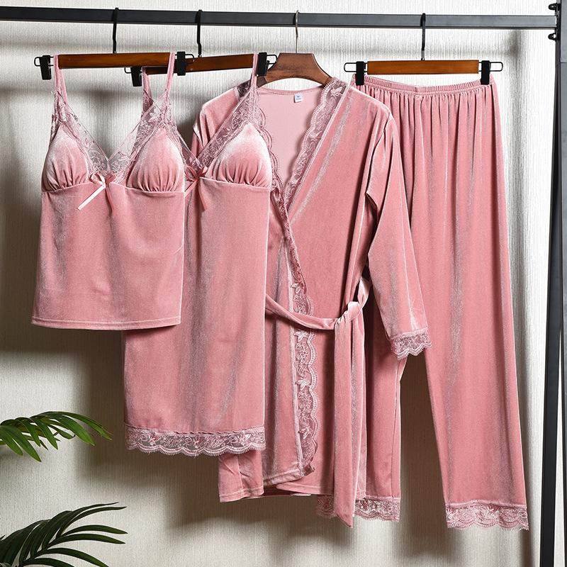 

Нова оксамитова жіноча піжама Комплект із чотирьох предметів Одяг для сну осінь-зима Халат Сексуальна нижня білизна з мереживною обробкою Нічна білизна Вільний домашній одяг L