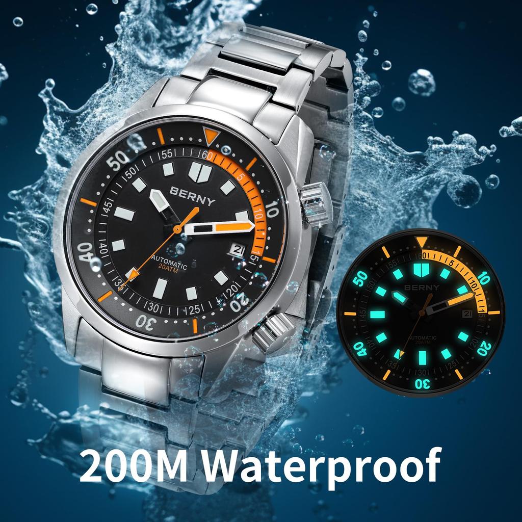 BERNY Watch Automatic Watch Diving Watch Automatic Mechanical Watch 20ATM Waterproof Sapphire Glass Super Luminous Watch Diver's Men's Men's Diver's