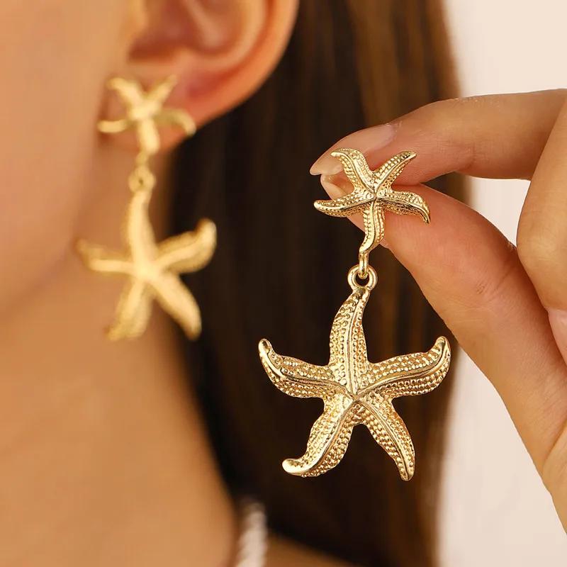 

New Exaggeration Boho Large Starfish Pendant Stud Earrings for Women Ladies Trendy Summer Gold Color Earrings Fashion Zircon