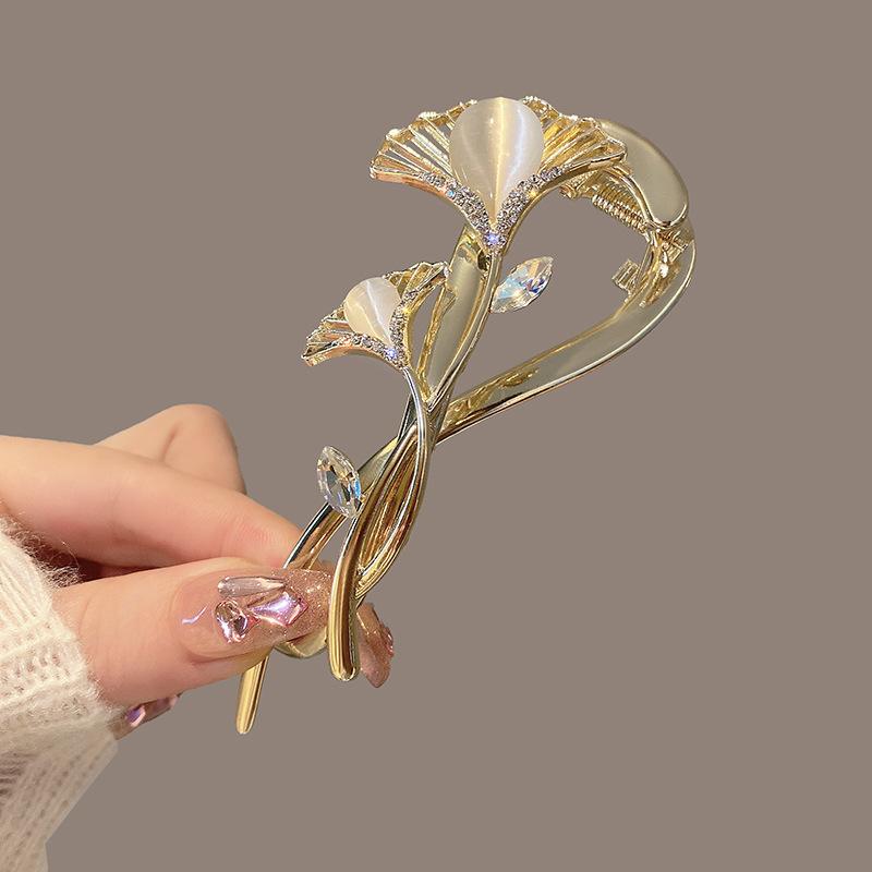 1Pc High-end Ginkgo Biloba Hairpin, Light Luxury Cat's Eye Hair Accessories, Women's Back of The Head, Hairpin, Frog Buckle, Twist Clip, One-word Clip