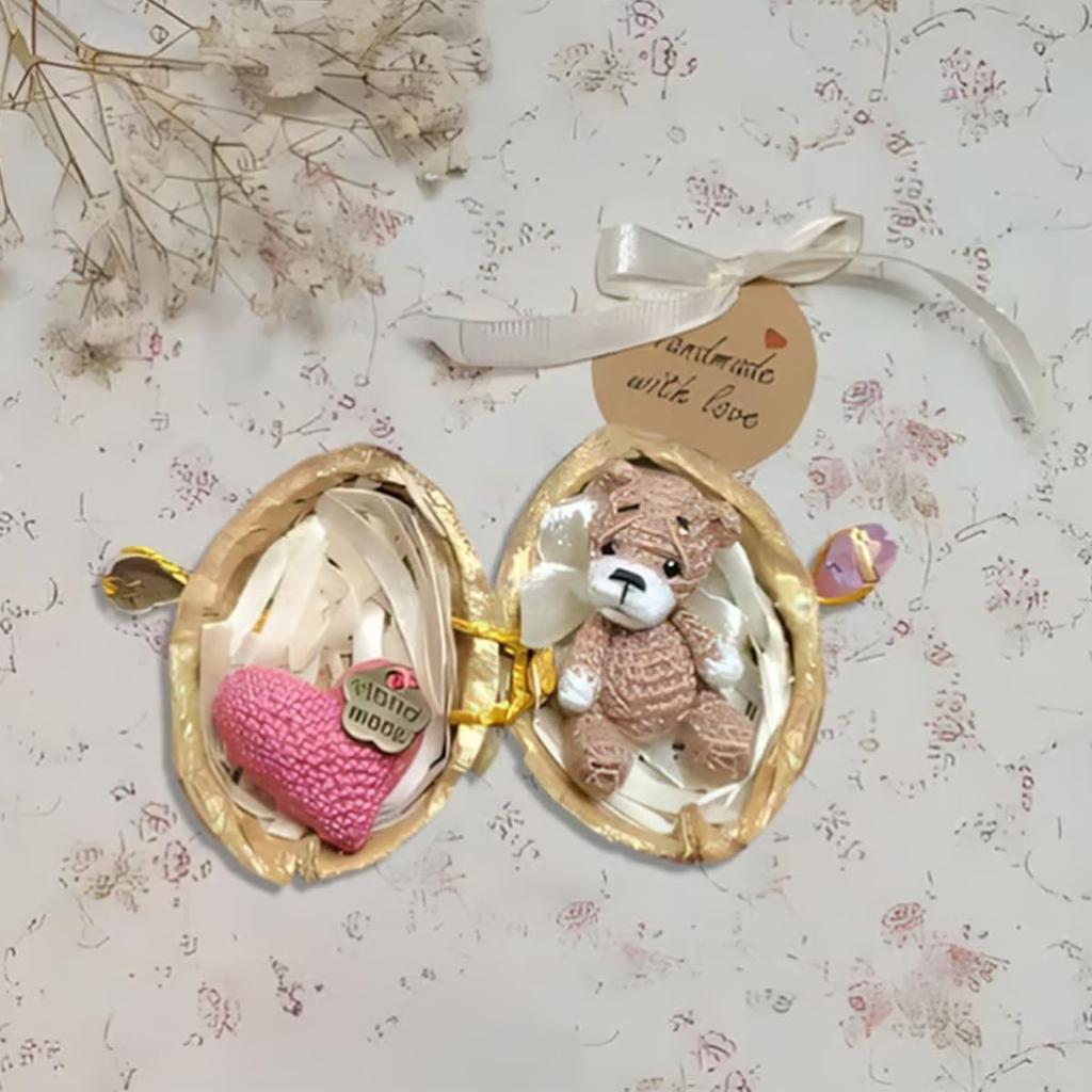 Handmade Crochet Animal In Walnut Shell,2025 New Mini Crochet Bunny and Bear with Knitted Love Heart,Emotional Support Handwoven Gift for Animal