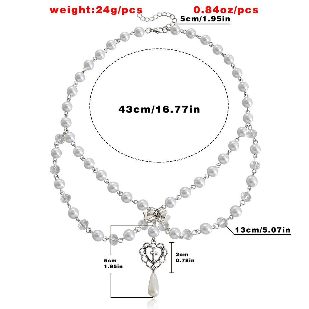 Design Double-layer Bright Imitation Pearl Tassel Love Butterfly Cross Necklace Versatile