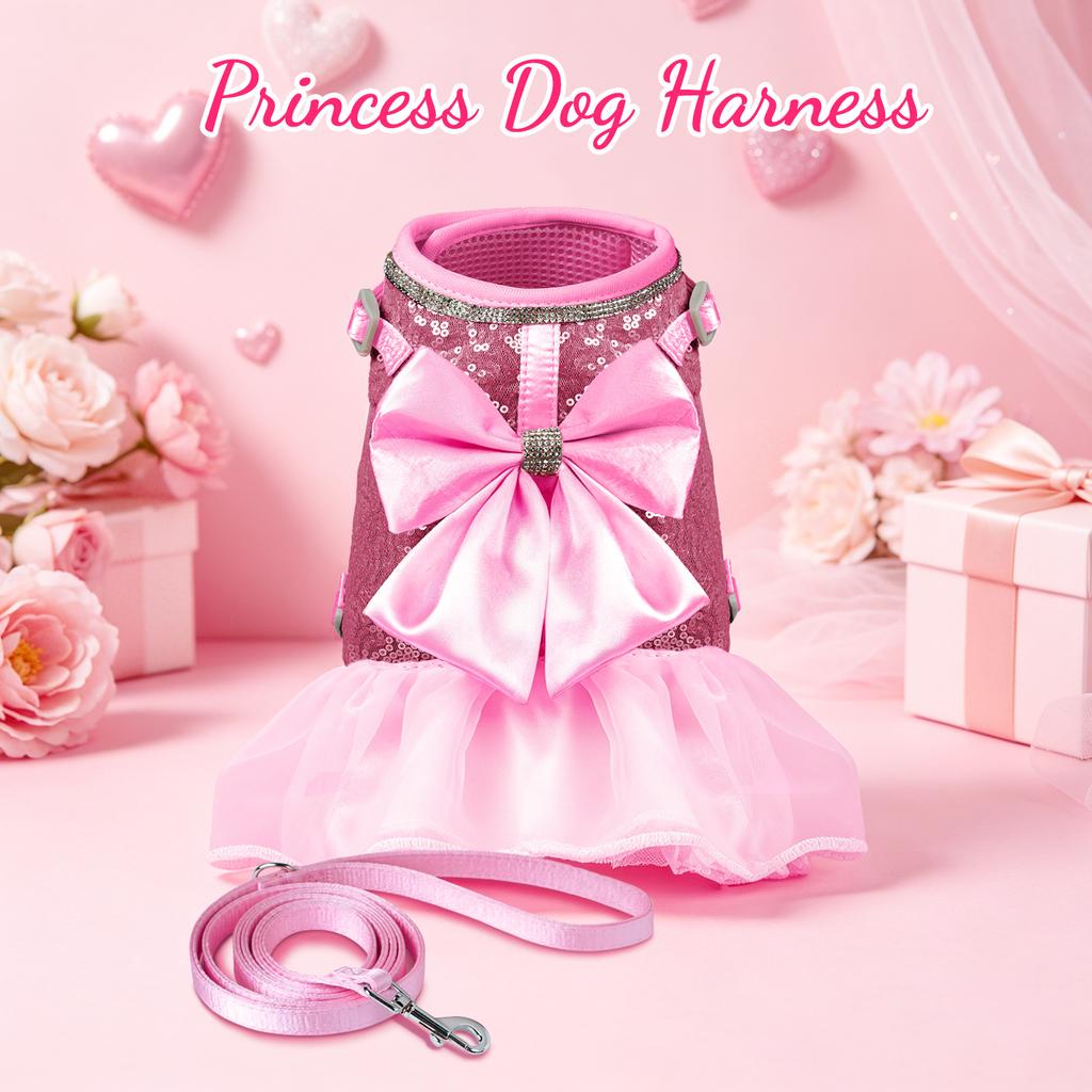 Bowknot Dog Harness Leash Set Shining Cat Puppy Birthday Dresses Pet Wedding Vest Harnesses With Lead For Small Medium Dogs Pink