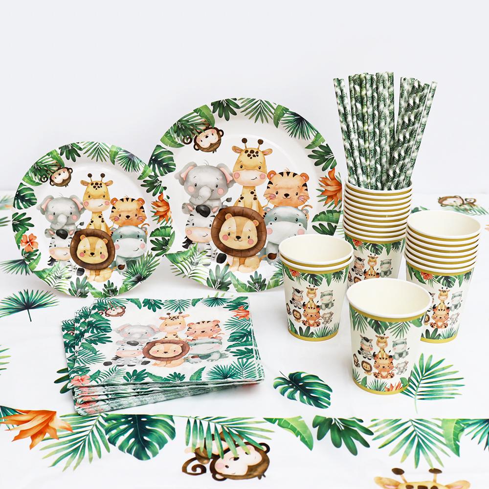 Jungle Birthday Party Decorations Animal Disposable Tableware Set Forest Woodland Safari Birthday Animals Theme Party Supplies