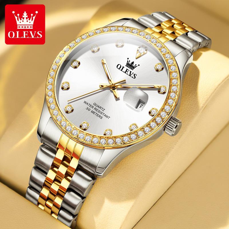 Olishi Men's Luminous Waterproof Quartz Watch with Diamond Bezel and Steel Band