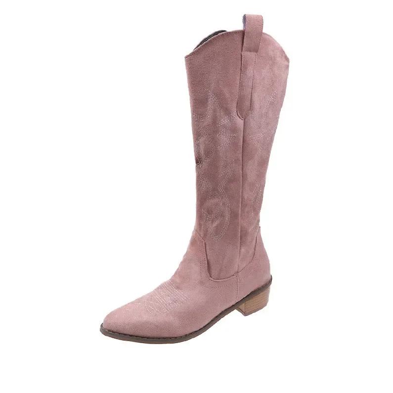 Vyšívané westernové kovbojské boty pro ženy Podzimní špičaté boty s vysokým podpatkem Vysoké podkolenky Žena Volné PU kůže Dlouhé Botas Mujer