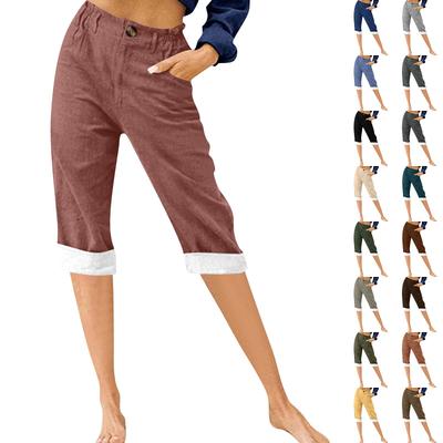 Calças de moda para mulheres cor sólida algodão linho moda solta cintura alta casual calças cortadas