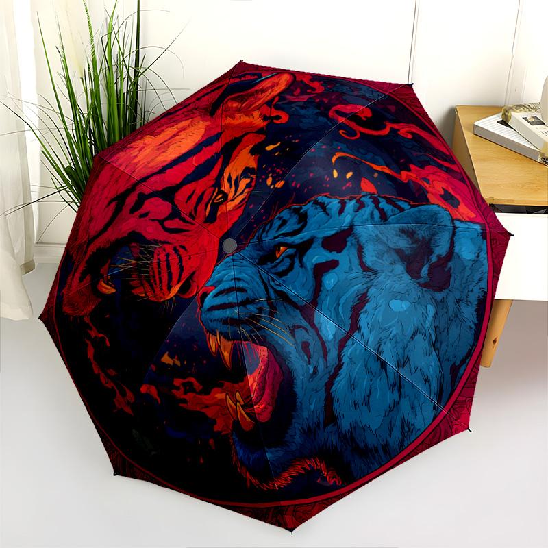 Tiger and Rooster  pattern, automatic folding umbrella, portable and foldable design, 8 ribs, a Christmas or birthday gift.