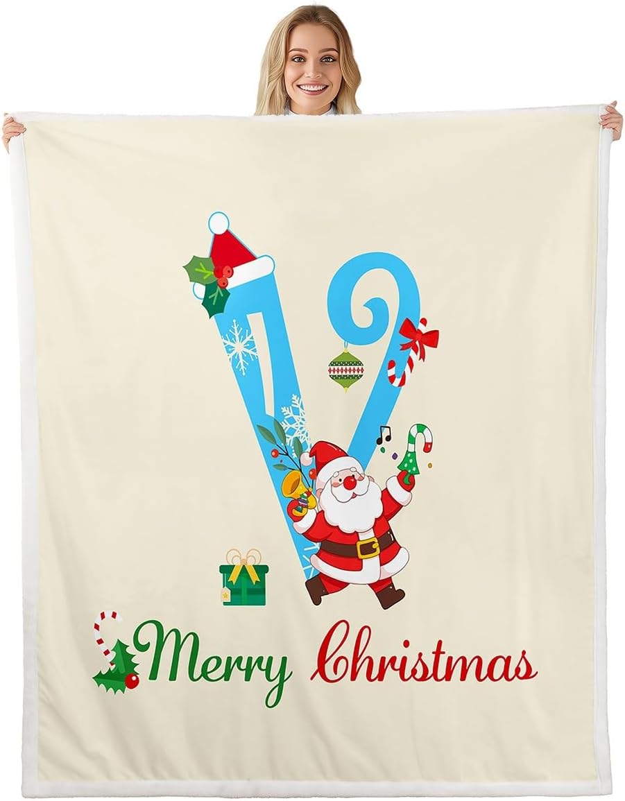 

Initial Letter Q Sherpa Throw Blanket for Couch Personalized Christmas Super Soft Cozy Fleece Cute Santa Claus Blanket Winter 75x90cm