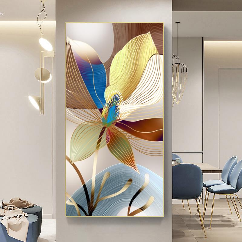 Abstract Flower Picture Canvas Painting New Chinese Golden Luxury Lotus Posters and Prints Wall Picture for Porch Home Decor