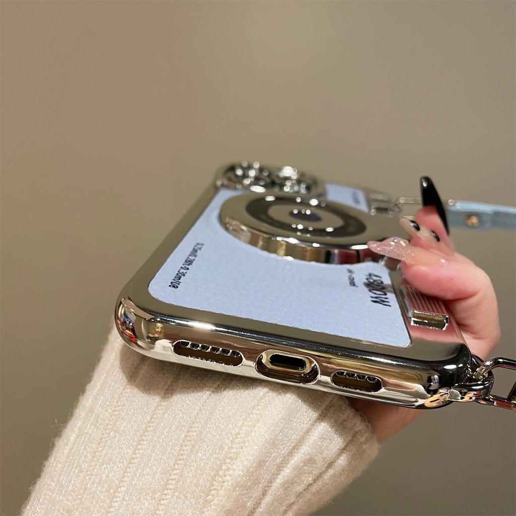 For iPhone 13 Pro Cases Camera Shaped Electroplating TPU Wholesale Phone Cover with Wrist Strap