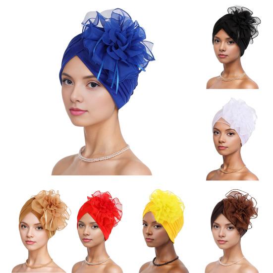 Women Turban Hat Pure Color Mesh Flower Decor Elastic Non-Slip Headwrap Breathable Lightweight Summer Headscarf Hat