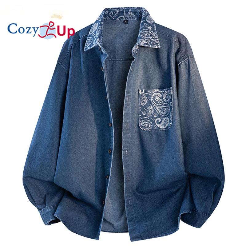 Denim Shirt for Man Long Sleeve Paisley Floral Patchwork Loose Camisas Streetwear Vintage Mens Hip Hop Cowboy Jean Shirts
