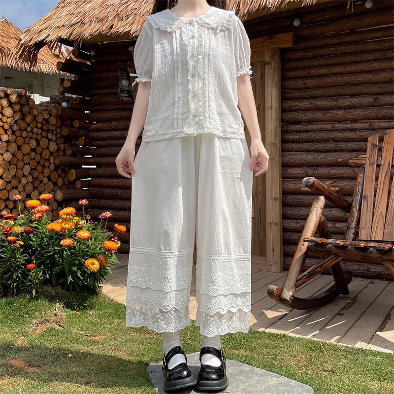Японские сладкие хлопковые кружевные пэчворк брюки-клеш One Size белый