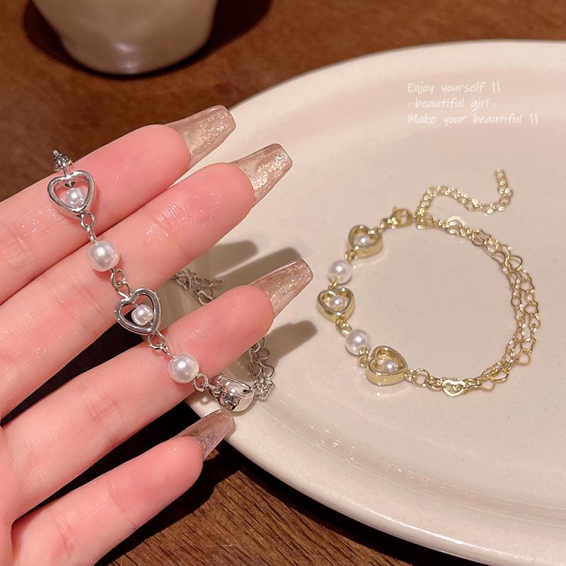 Korean Hollow Heart Pearl Bracelet - Elegant, Cold Style Jewelry for Women