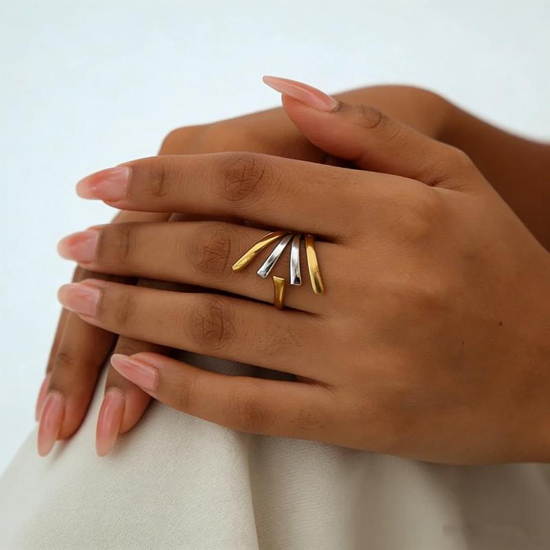 Stainless Steel Multi-Layer Irregular Line Adjustable Ring for Women Minimalist Metal Three Ring Hollow Rings Neo-Gothic Jewelry