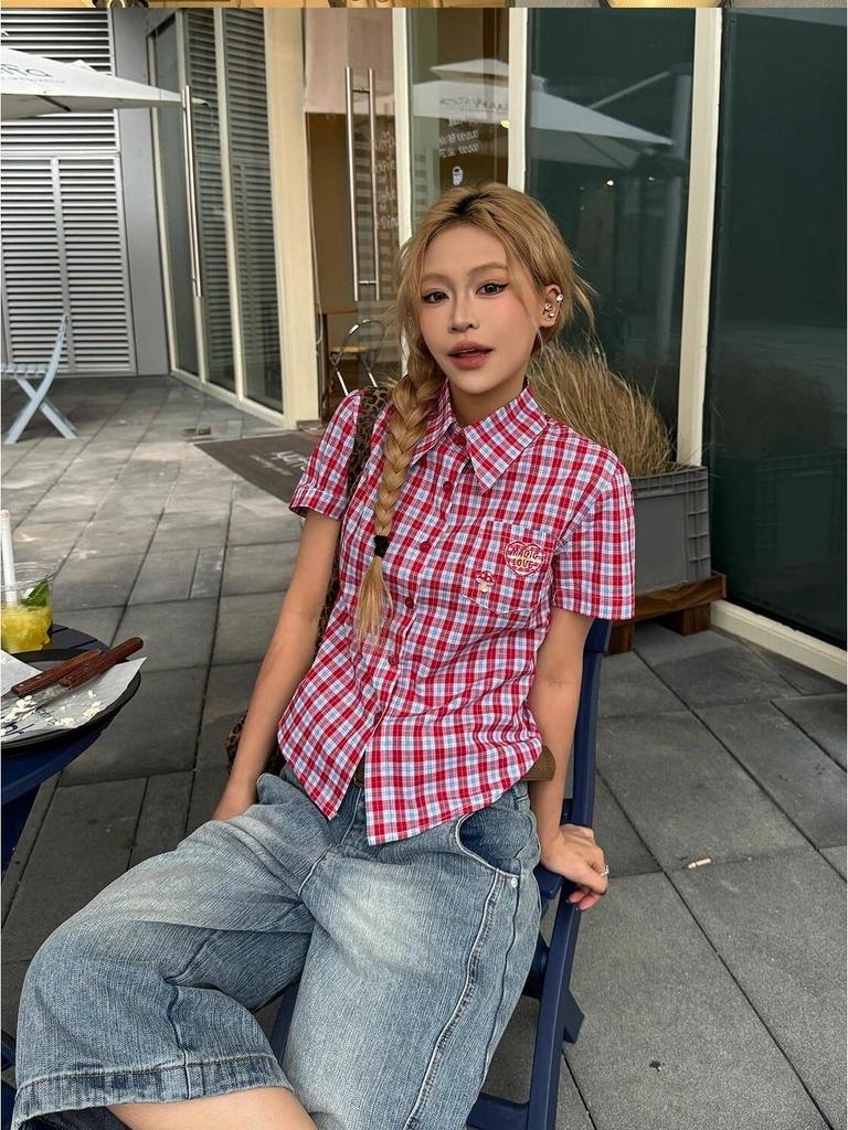 Women's Summer Retro Plaid Slim Fit Short-Sleeve Shirt - Versatile & Casual